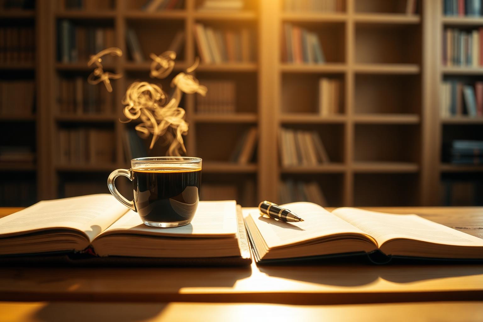 Xícara de café fumegante sobre livros abertos em um ambiente de estudo aquecido